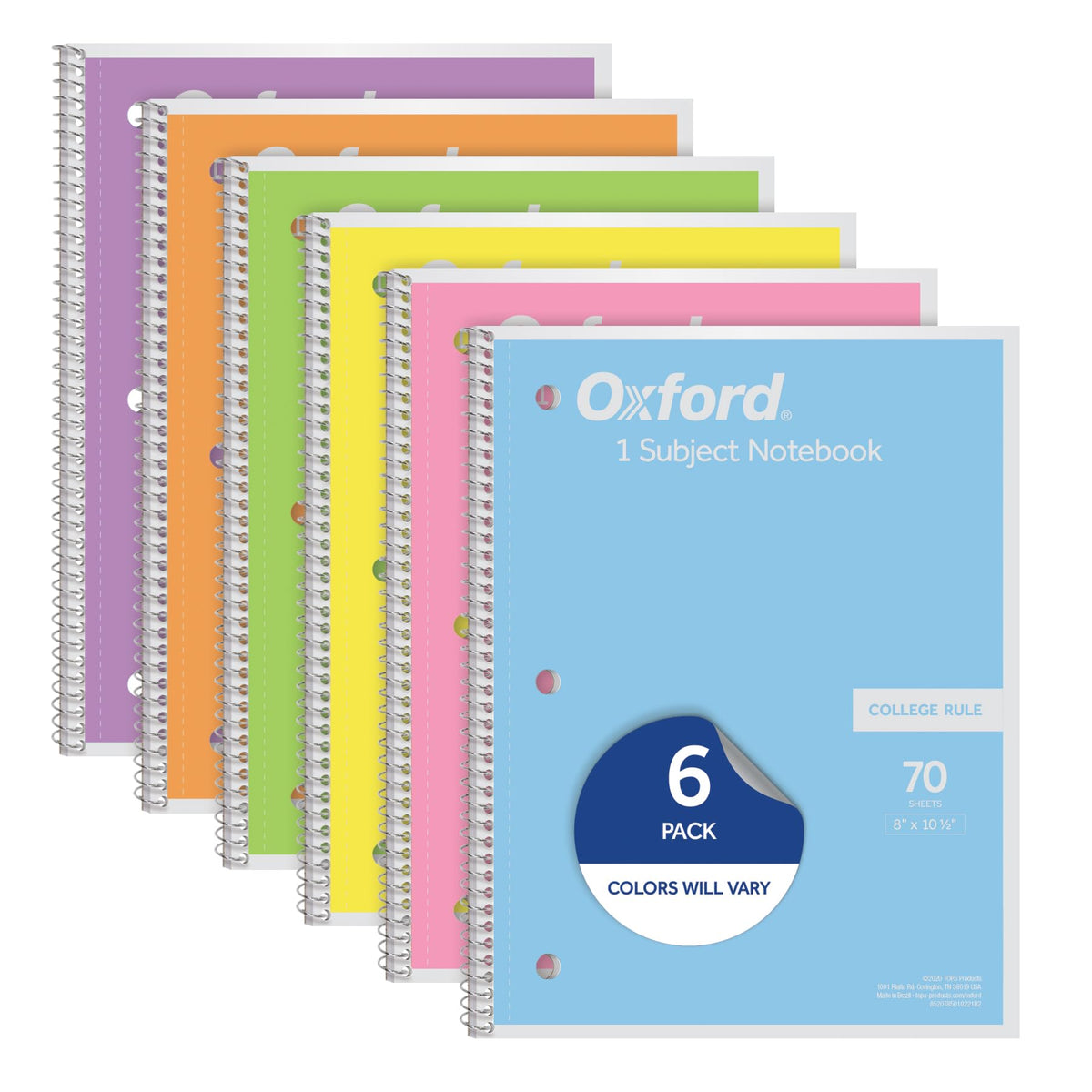 Oxford Spiral Notebook, 1 Subject, College Ruled Paper, 8 x 10-1/2 Inch, Pastel Pink, Orange, Yellow, Green, Blue and Purple, 70 Sheets (63756), Set of 6