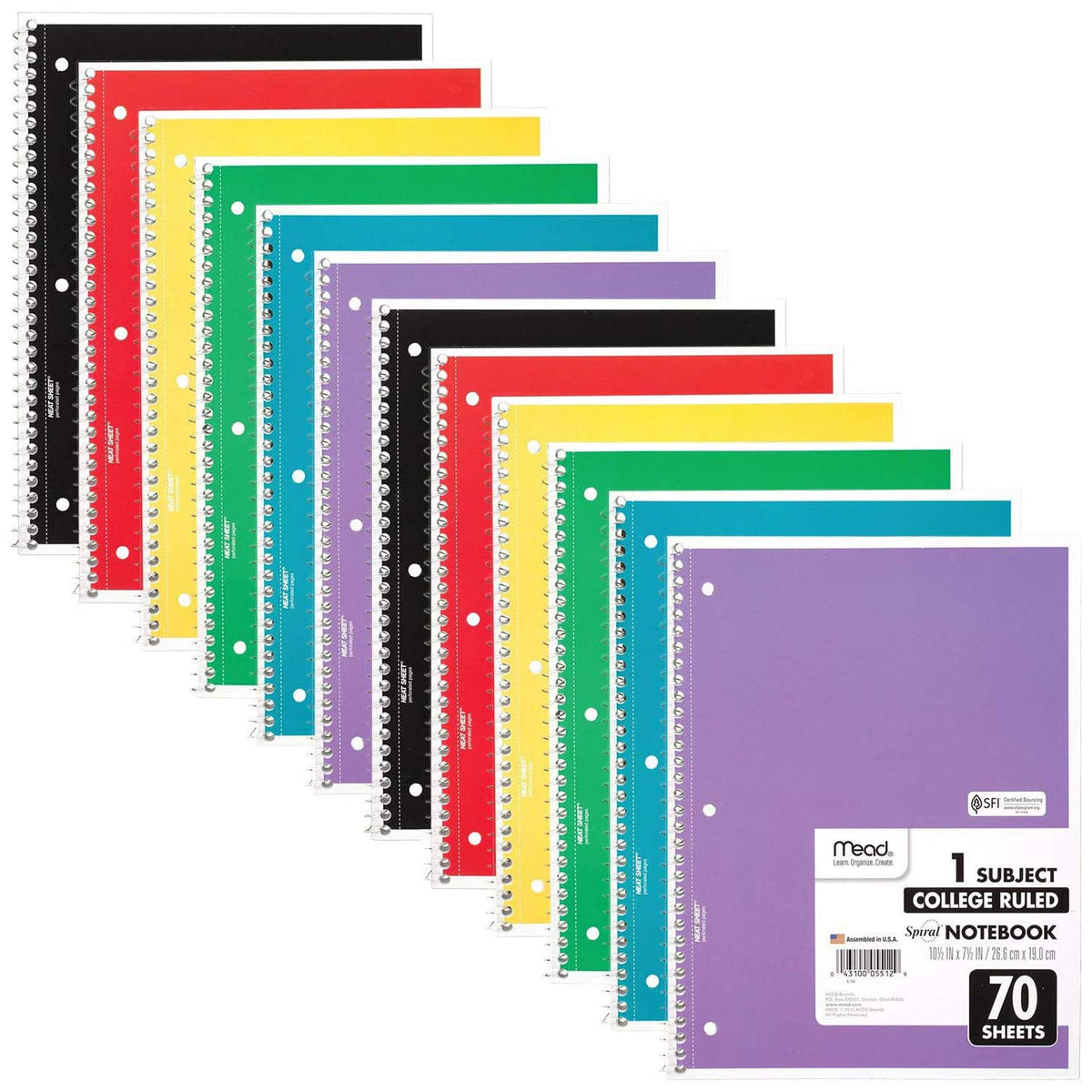 Mead Spiral Notebook, 1 Subject, College Ruled Paper, 7-1/2" x 10-1/2", 70 Sheets per Notebook, Colors Will Vary, 6 Pack (73065)