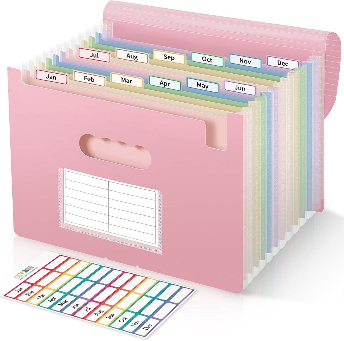 SKYDUE 13-Pocket Expanding File Folder, Accordion Document Organizer with Monthly Labels, A4 & Letter Size for Tax Records, Medical Files, Receipts, Home Office Use Pink
