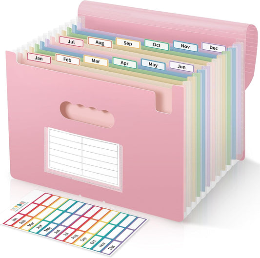 SKYDUE 13-Pocket Expanding File Folder, Accordion Document Organizer with Monthly Labels, A4 & Letter Size for Tax Records, Medical Files, Receipts, Home Office Use Pink