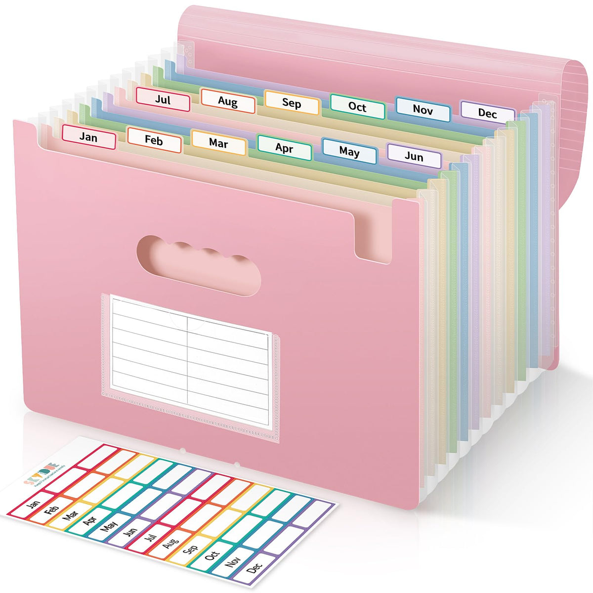 SKYDUE 13-Pocket Expanding File Folder, Accordion Document Organizer with Monthly Labels, A4 & Letter Size for Tax Records, Medical Files, Receipts, Home Office Use Pink