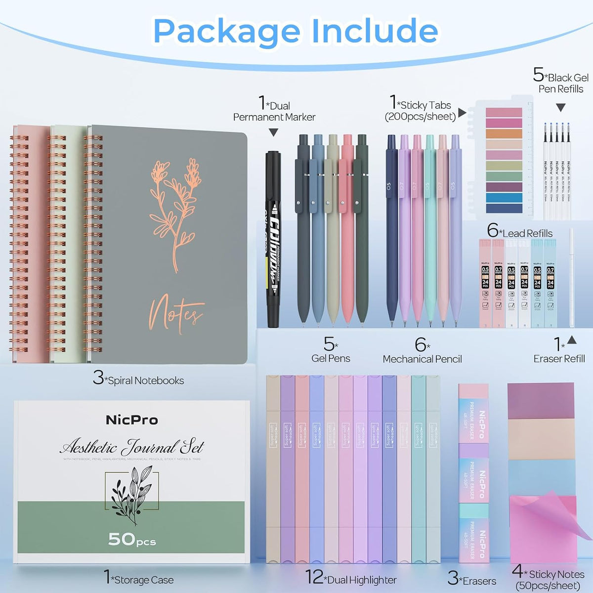 Nicpro 50PCS Cute Spiral Notebook Stationary Set For Women