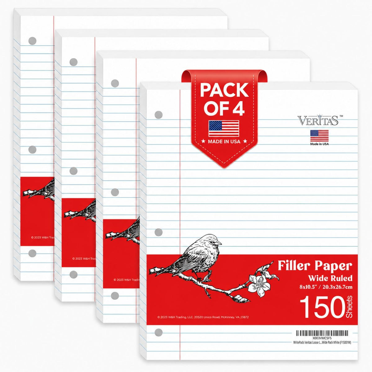WritePads College Ruled Loose Leaf Paper, 600 Sheets Bulk Notebook Paper, 8"x10-1/2" 3 Hole Punched Filler Paper, Fits Standard 3-Ring Binder, 65lb Thick Paper, Made in USA