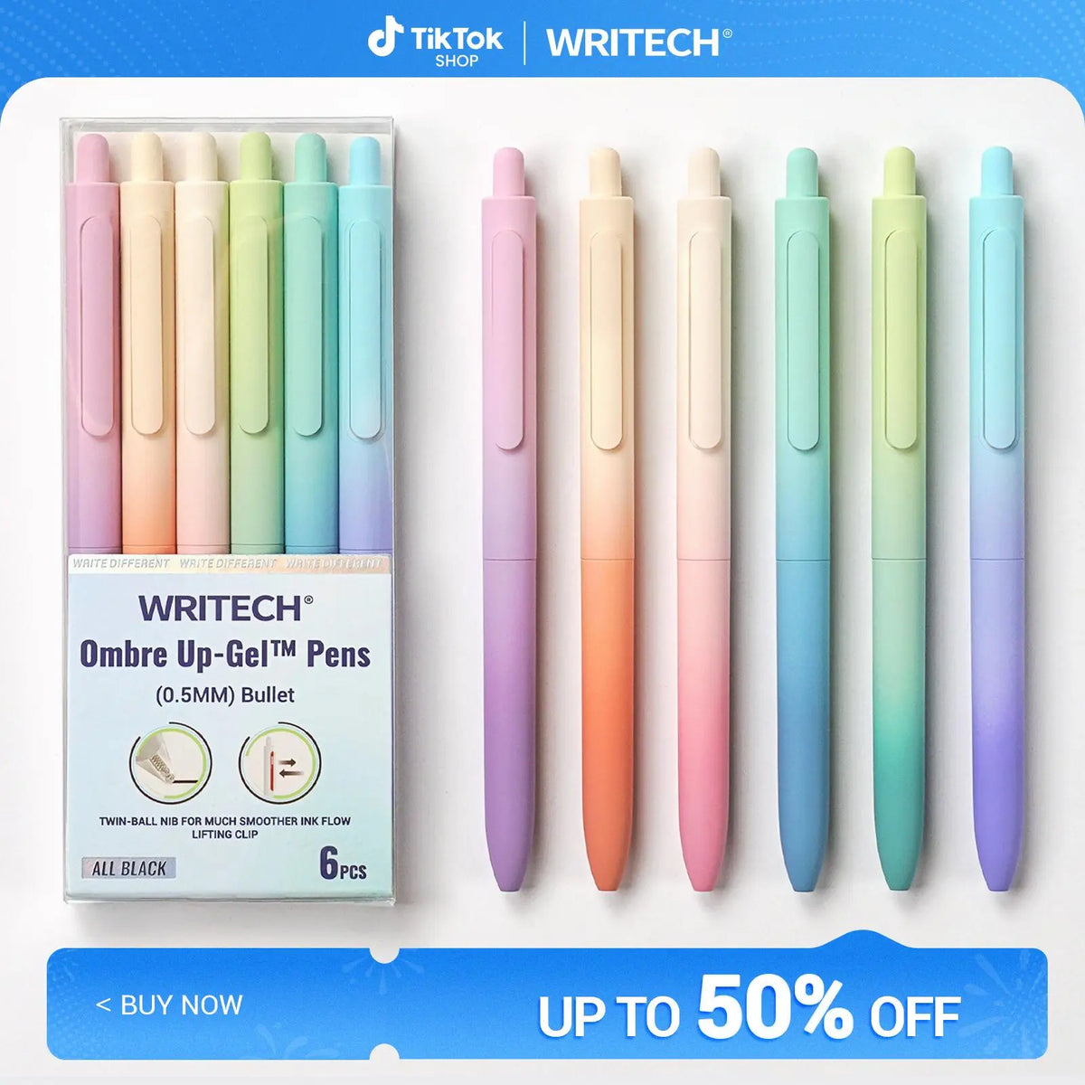 WRITECH Gel Pens Fine Point 0.7mm Black Ink Retractable 6ct with Gradient Color Barrel, Soft Vertical Stripe Silicone Grip & Detachable Design for Note Taking Silent Click No Smear Nebula Pen Set