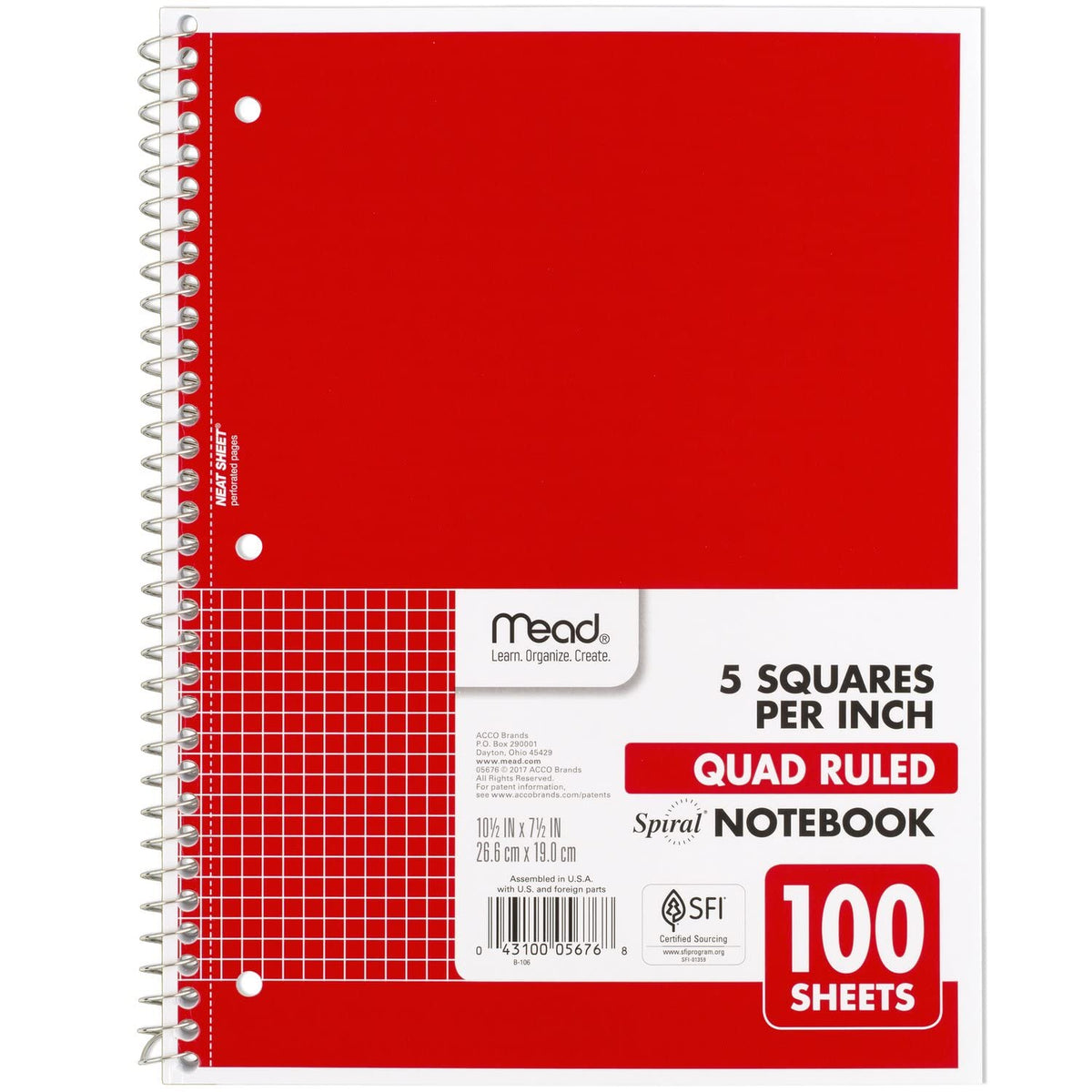 Mead Spiral Notebook, 1 Subject, Graph Ruled Paper, 7-1/2" x 10-1/2", 100 Sheets, Green (05676AC5)