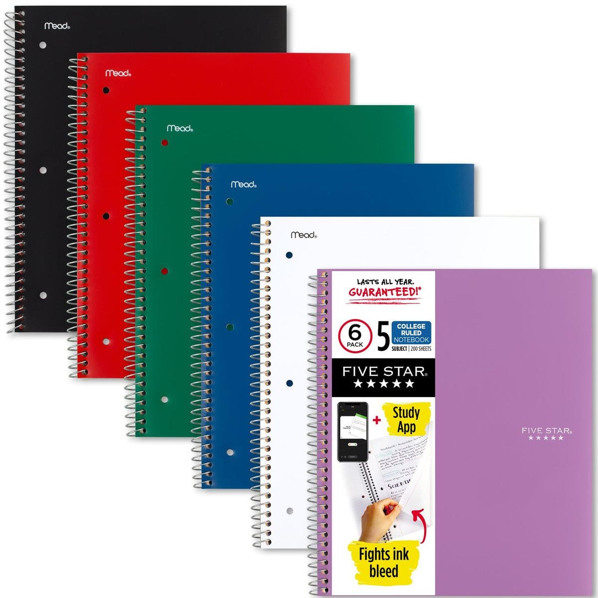 Five Star Spiral Notebook + Study App, 5 Subject, College Ruled Paper, 8-1/2" x 11", 200 Sheets, Fights Ink Bleed, Water Resistant Cover, Black (72081)