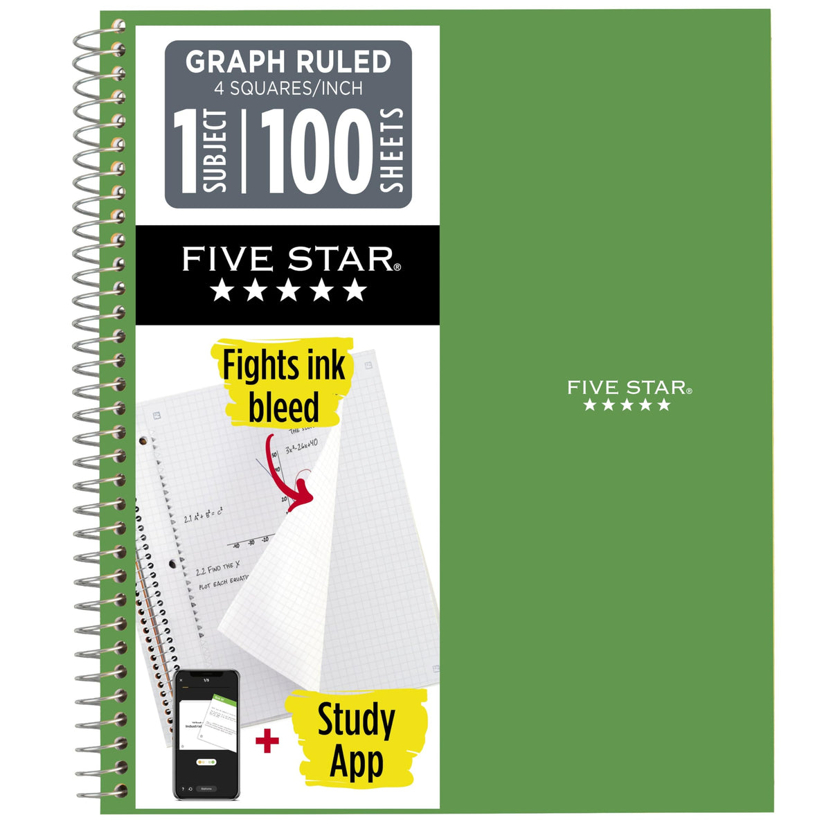 Five Star Spiral Notebook + Study App, 1 Subject, Graph Ruled Paper, 8-1/2" x 11", 100 Sheets, Fights Ink Bleed, Water Resistant Cover, Black (73679)