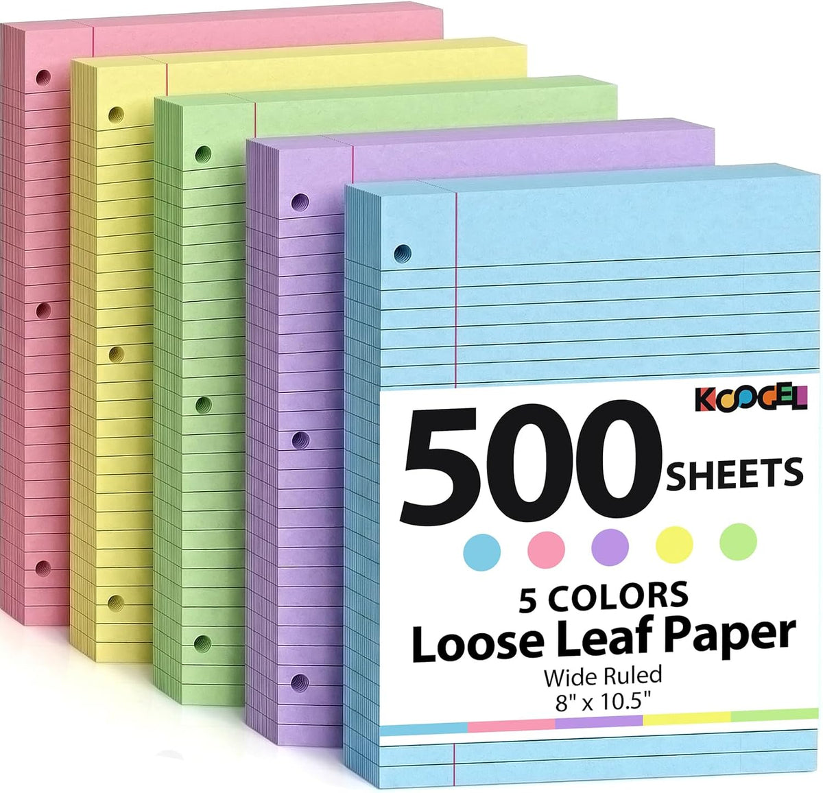 Koogel 500 Sheets Colored Filler Paper, 5 Colors 8 x 10-1/2 Inch Wide Ruled