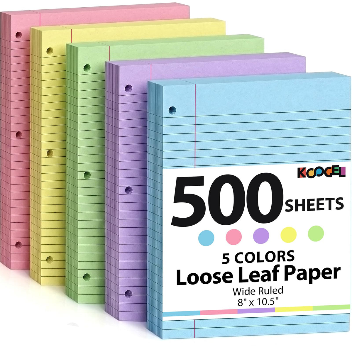 Koogel 500 Sheets Colored Filler Paper, 5 Colors 8 x 10-1/2 Inch Wide Ruled