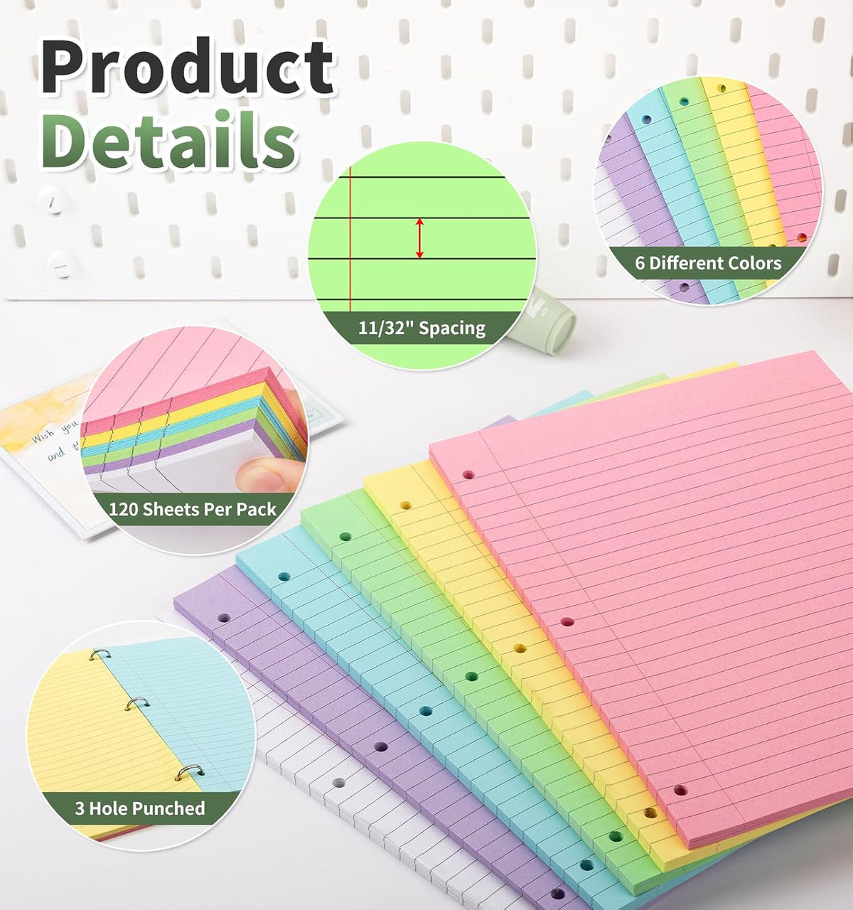 120 Sheets Loose Leaf Paper, 8” x 10.5”, 6 Colors Wide Ruled Lined Paper