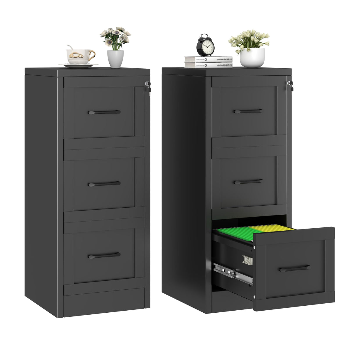 2 Drawer Metal File Cabinet with Lock,Lateral Filing Storage Cabinets,Steel Wide File Organization for Legal/Letter/A4/F4 Size with Hanging Files&Key,Lockable Printer Stand for Home Office, Black