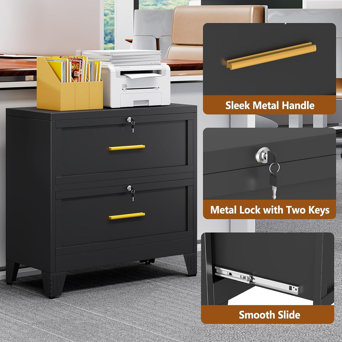 2 Drawer Metal File Cabinet with Lock,Lateral Filing Storage Cabinets,Steel Wide File Organization for Legal/Letter/A4/F4 Size with Hanging Files&Key,Lockable Printer Stand for Home Office, Black