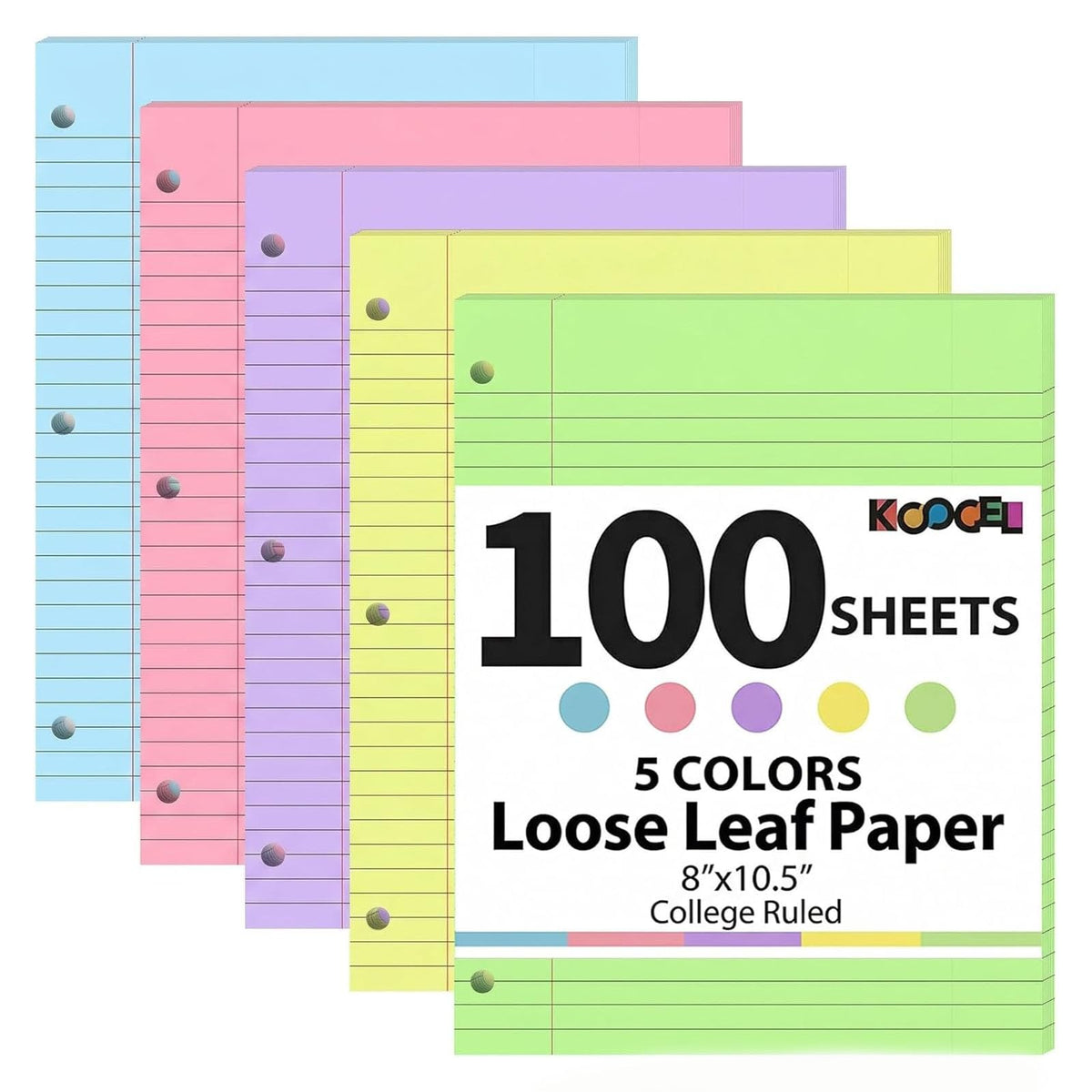 Koogel 500 Sheets Colored Filler Paper, 5 Colors 8 x 10-1/2 Inch Wide Ruled