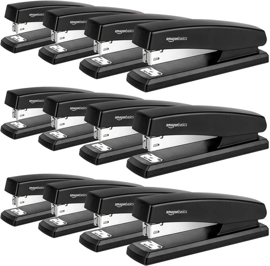 Amazon Basics Office Desk Stapler, 25-Sheet Capacity, Non-Slip with 1000 Staples, Black, 12-Pack