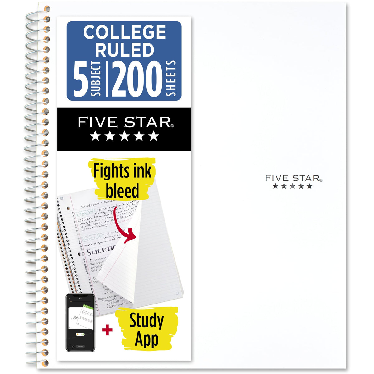 Five Star Spiral Notebook + Study App, 5 Subject, College Ruled Paper, 8-1/2" x 11", 200 Sheets, Fights Ink Bleed, Water Resistant Cover, Black (72081)