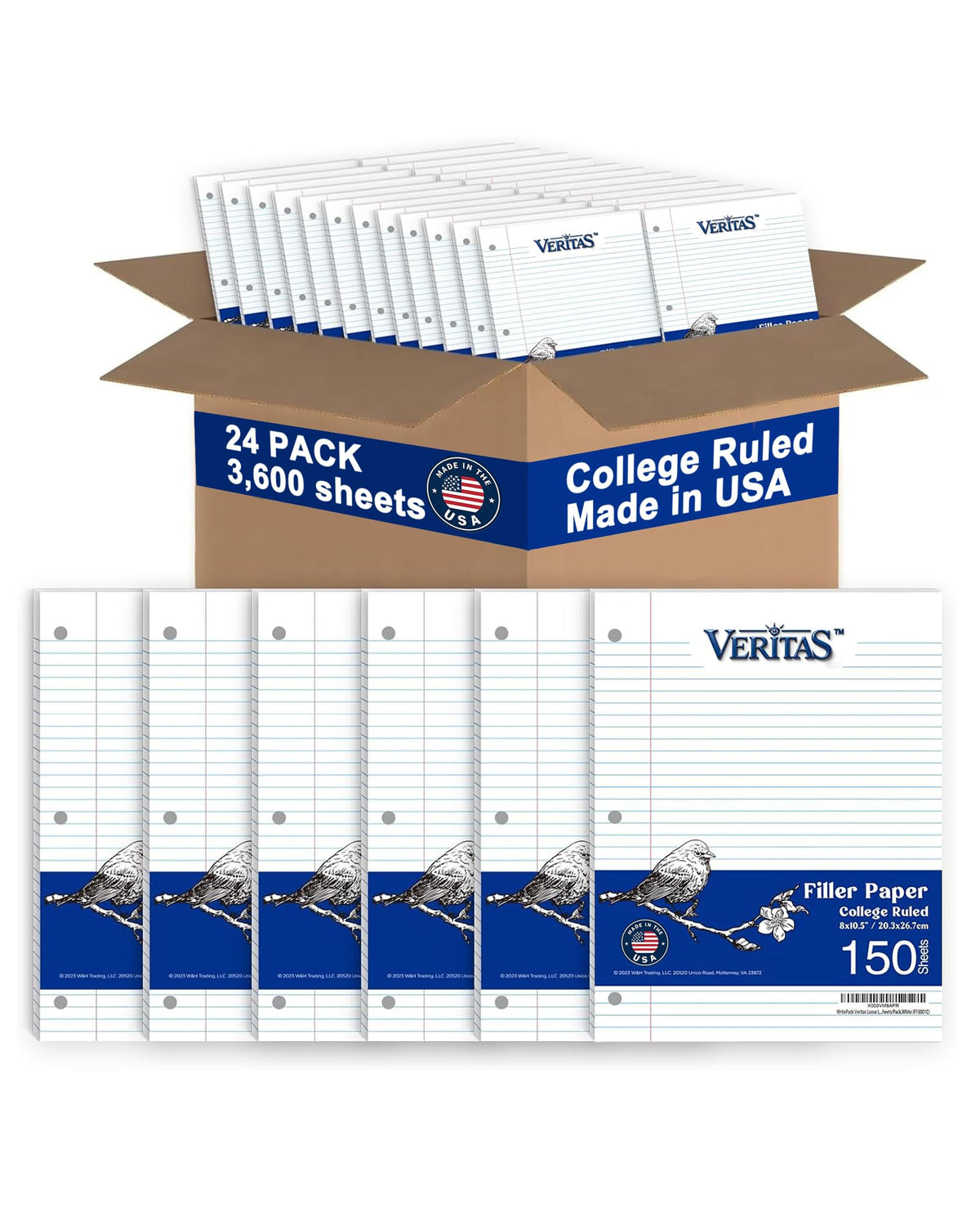 WritePads College Ruled Loose Leaf Paper, 600 Sheets Bulk Notebook Paper, 8"x10-1/2" 3 Hole Punched Filler Paper, Fits Standard 3-Ring Binder, 65lb Thick Paper, Made in USA
