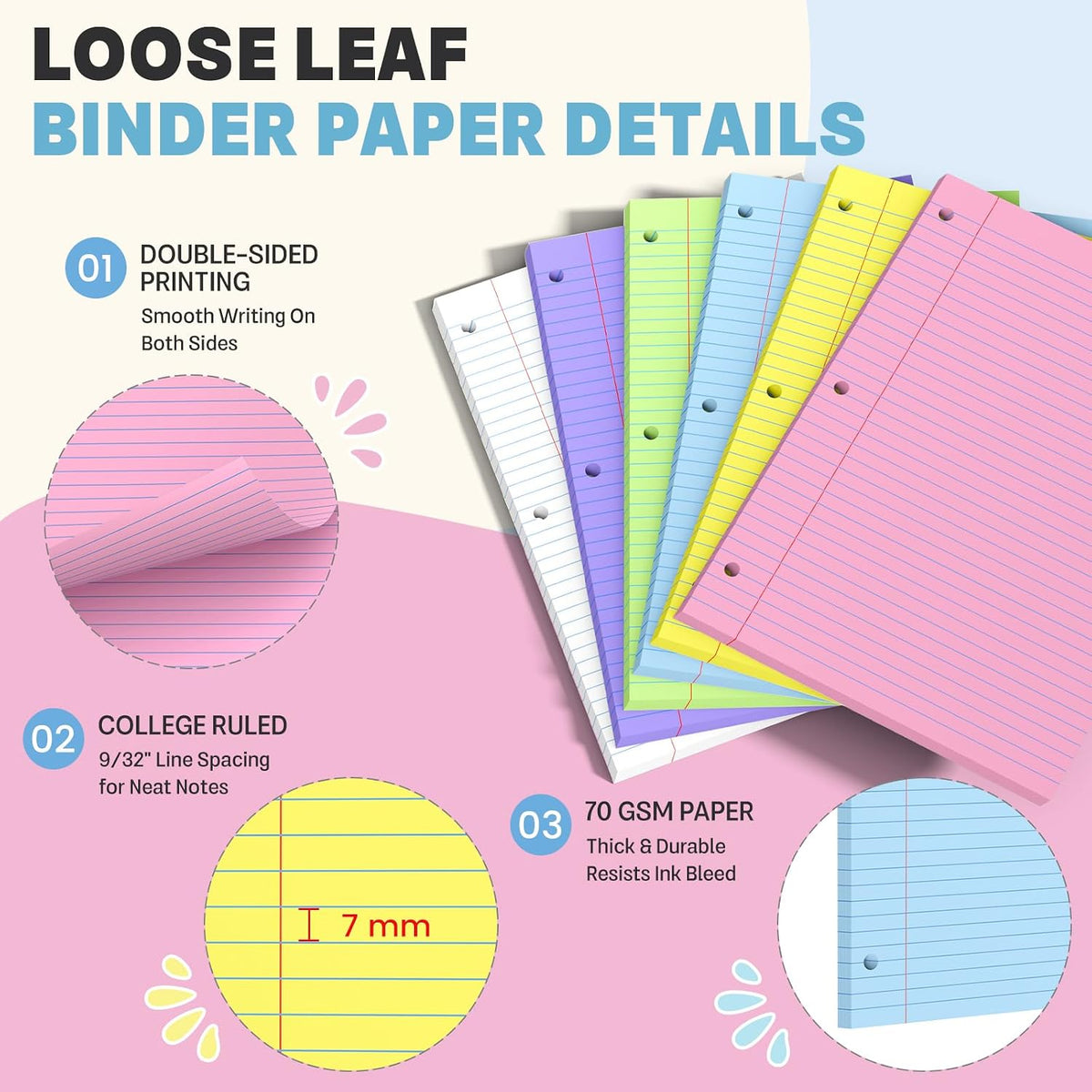 120 Sheets Loose Leaf Paper 8 x 10.5, 6 Colors Lined Paper College Ruled
