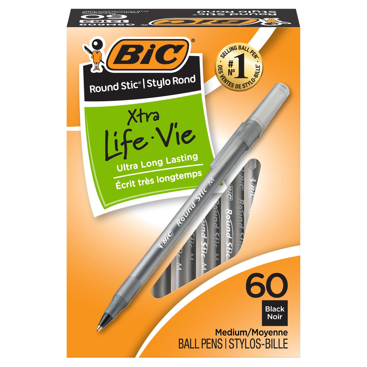 BIC Round Stic Xtra Life Assorted Ink Ballpoint Pens, 60-Count, 1.0mm