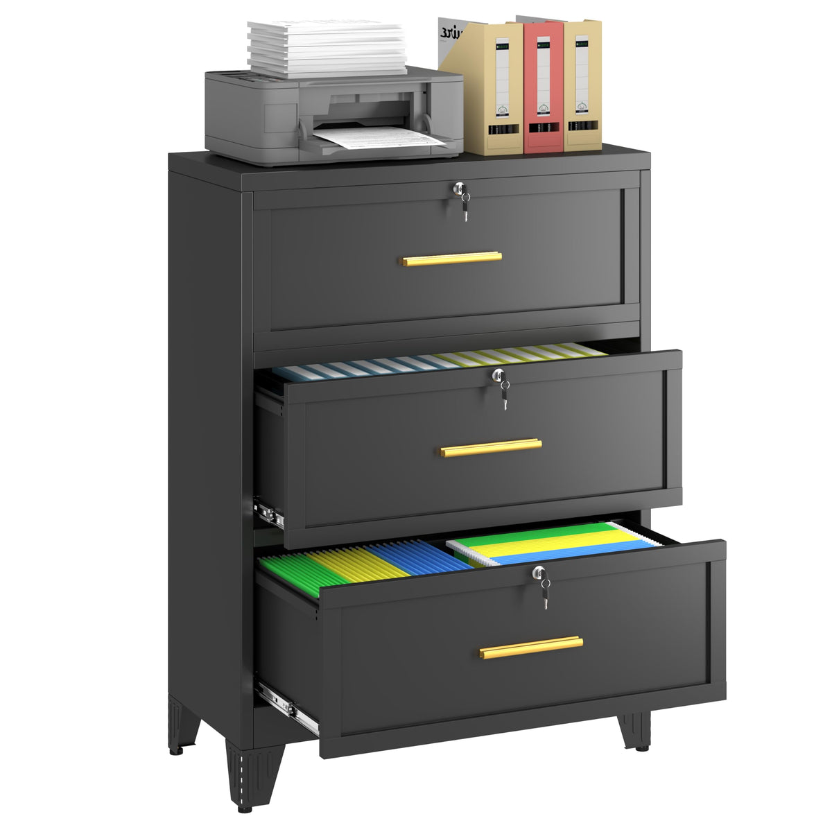 2 Drawer Metal File Cabinet with Lock,Lateral Filing Storage Cabinets,Steel Wide File Organization for Legal/Letter/A4/F4 Size with Hanging Files&Key,Lockable Printer Stand for Home Office, Black