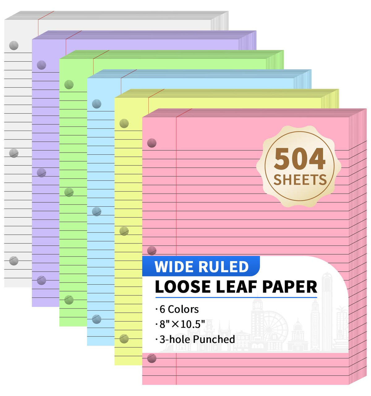 120 Sheets Loose Leaf Paper, 8” x 10.5”, 6 Colors Wide Ruled Lined Paper