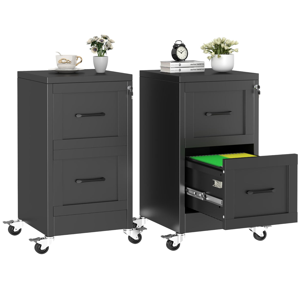 2 Drawer Metal File Cabinet with Lock,Lateral Filing Storage Cabinets,Steel Wide File Organization for Legal/Letter/A4/F4 Size with Hanging Files&Key,Lockable Printer Stand for Home Office, Black