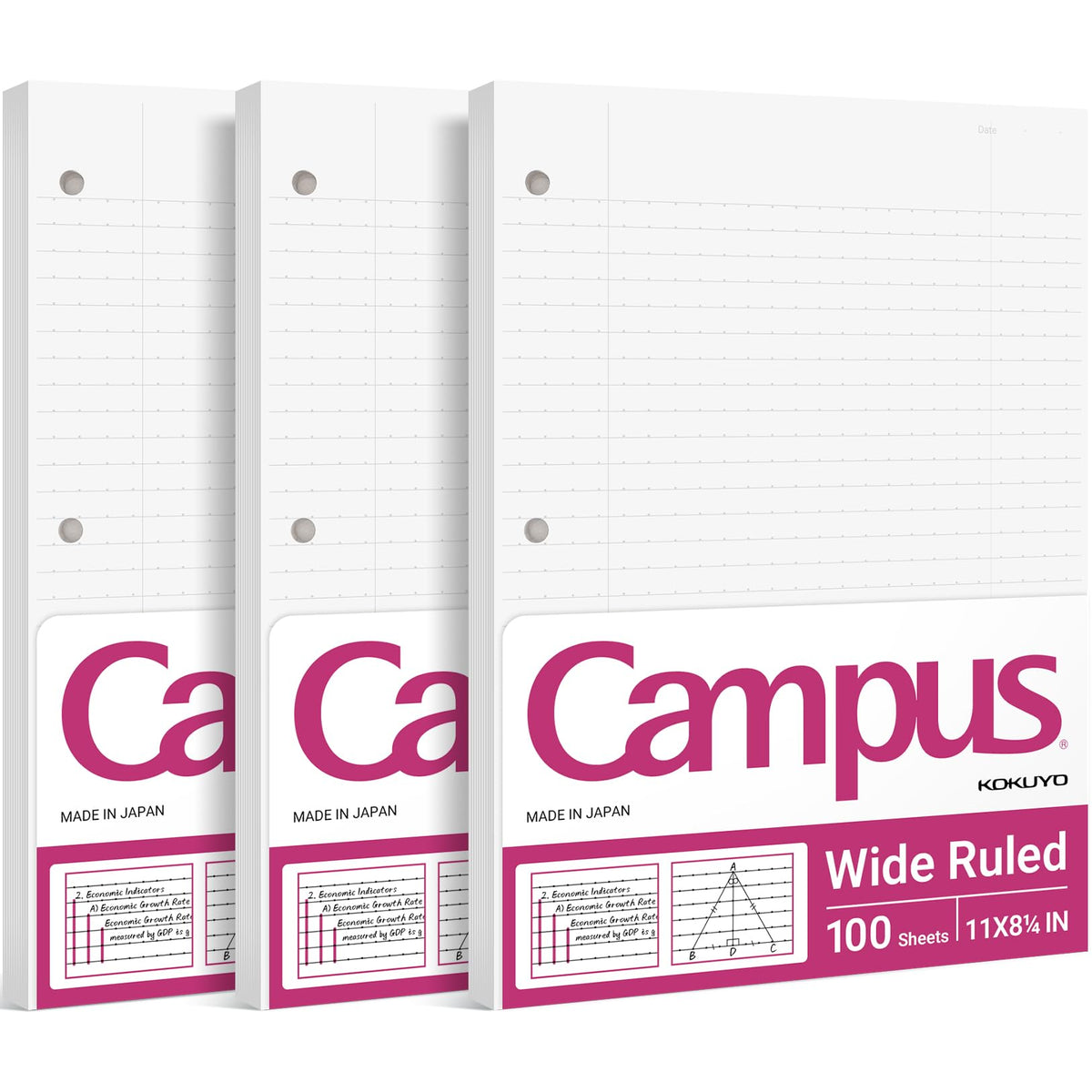 Kokuyo 3 Hole Loose Leaf Paper, 8-1/4"x11” Wide Ruled, 100 Sheets, 1 Pack