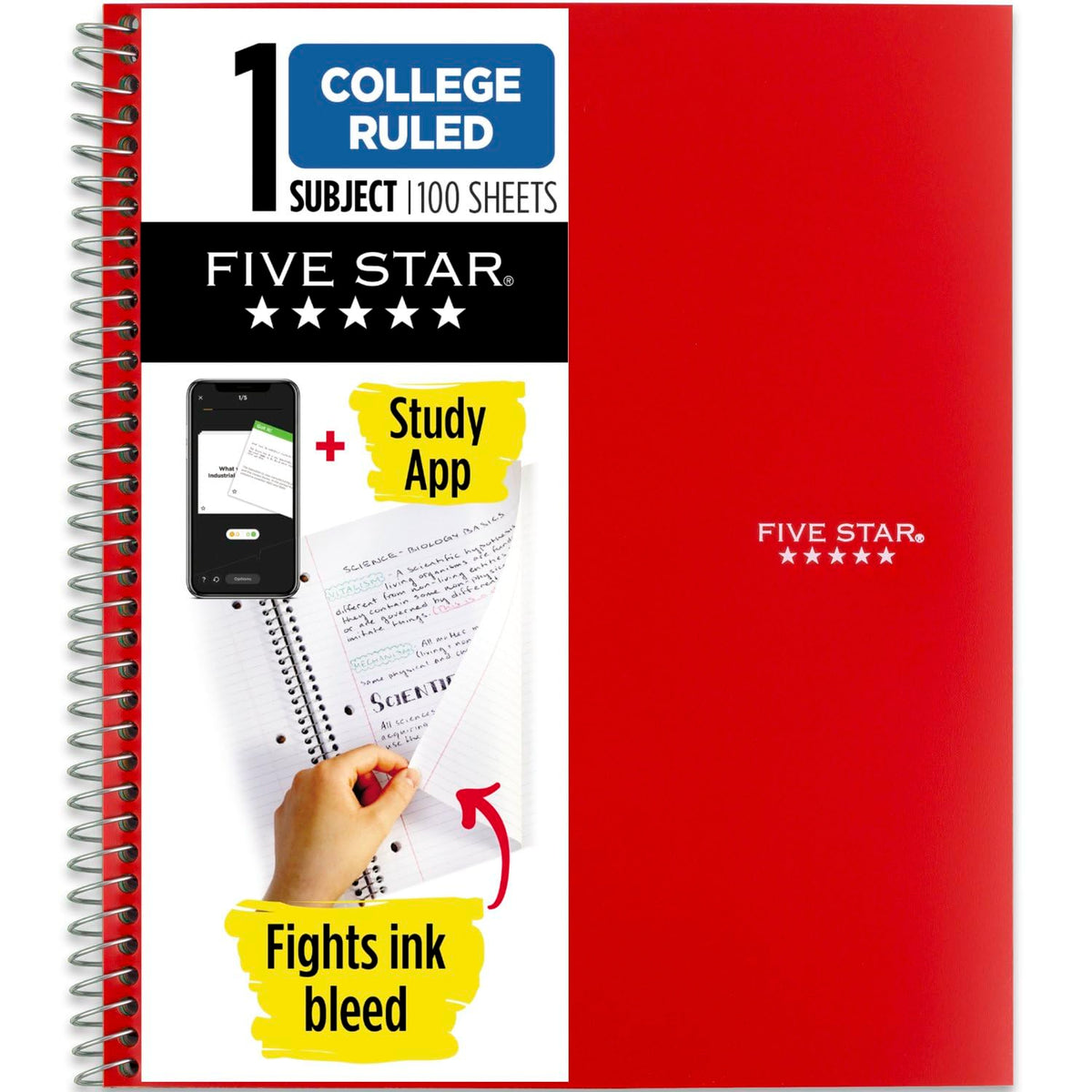 Five Star Spiral Notebook + Study App, 1 Subject, College Ruled Paper, 8.5" x 11", 100 Sheets, Blue (Color May Vary) (72565)