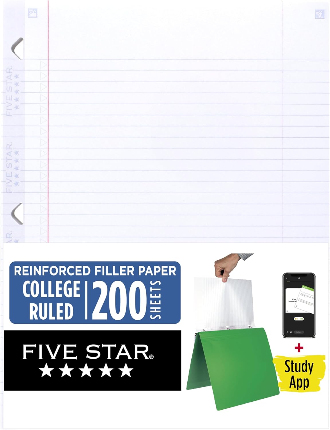 Five Star Loose Leaf Paper + Study App, College Ruled Filler Notebook Paper, Reinforced, Fights Ink Bleed, 8-1/2" x 11", 200 Sheets (170054-ECM)