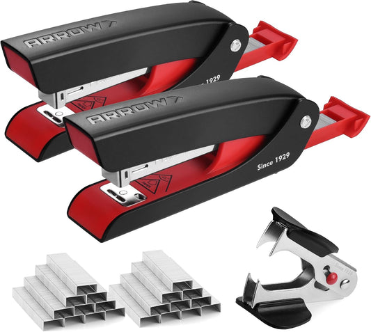 Arrow Office Stapler Set, 25 Sheet Capacity Metal Desk Staplers with 2100 Staples and Staple Remover, Half Strip Design and Non-Slip Base, Spare Staple Storage for Classroom, Office and Home, 2 Pack