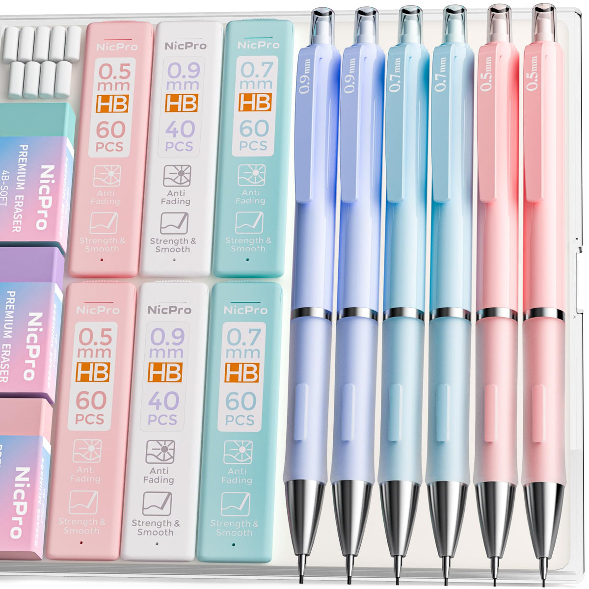 Nicpro 3PCS Cute Mechanical Pencil Set with Case, 0.7 mm Pencils