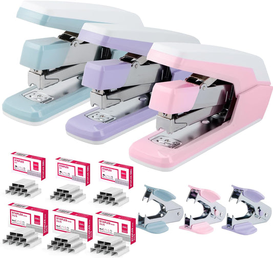 Deli Stapler, Effortless Staplers for Desk, 3 Pack, 3 Colors