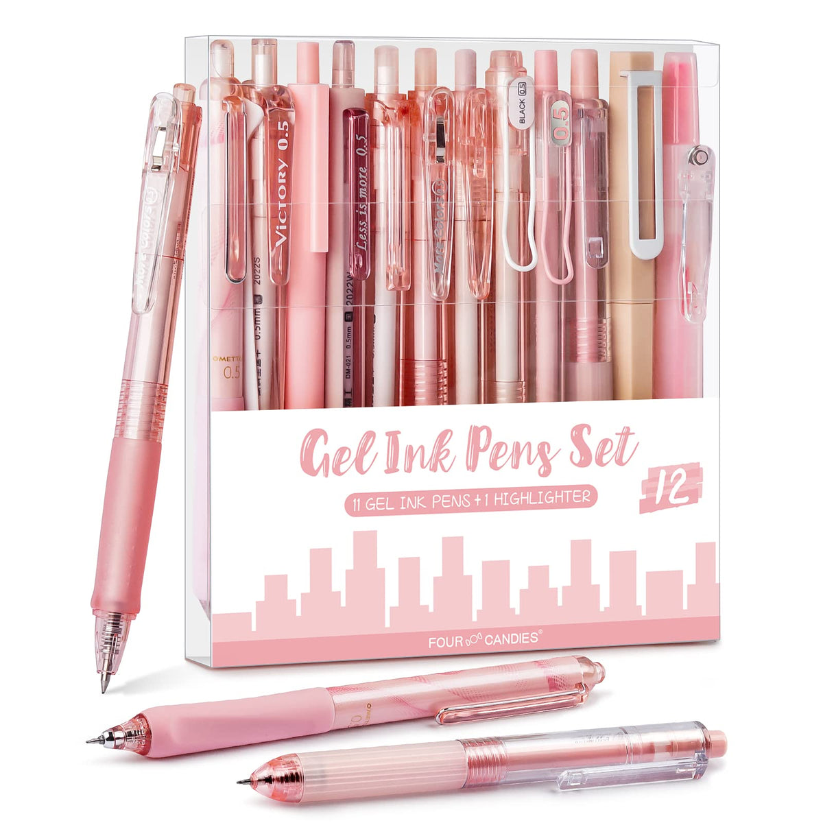 Four Candies Rose Gel Pens, Pink & Black Ink, 0.5mm, 12 Count