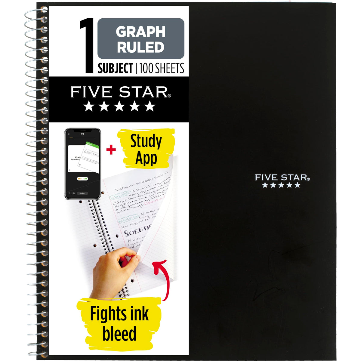 Five Star Spiral Notebook + Study App, 1 Subject, Graph Ruled Paper, 8-1/2" x 11", 100 Sheets, Fights Ink Bleed, Water Resistant Cover, Black (73679)