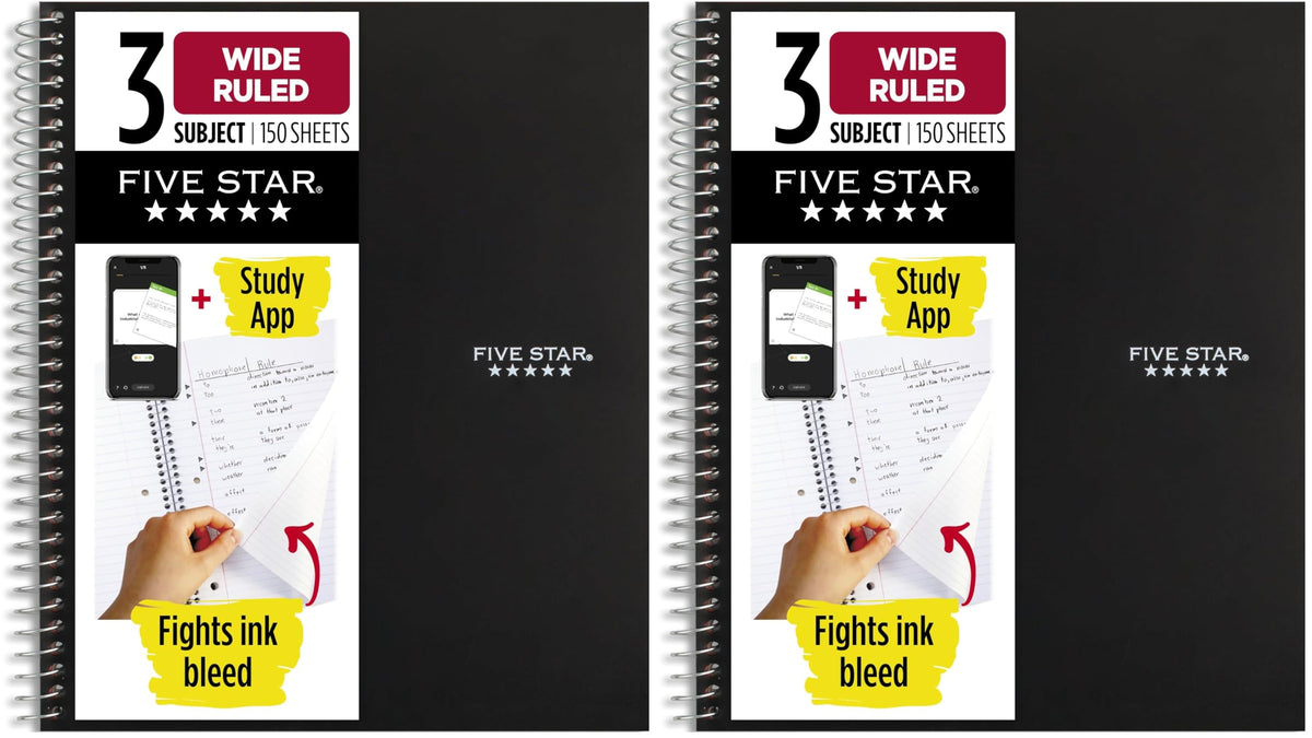 Five Star Spiral Notebook + Study App, 3 Subject, Wide Ruled Paper, 8" x 10-1/2", 150 Sheets, Fights Ink Bleed, Water Resistant Cover, Forest Green (73176)