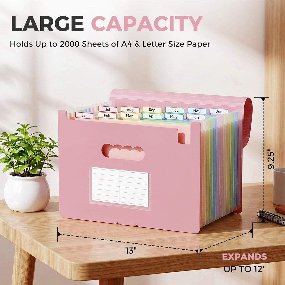 SKYDUE 13-Pocket Expanding File Folder, Accordion Document Organizer with Monthly Labels, A4 & Letter Size for Tax Records, Medical Files, Receipts, Home Office Use Pink