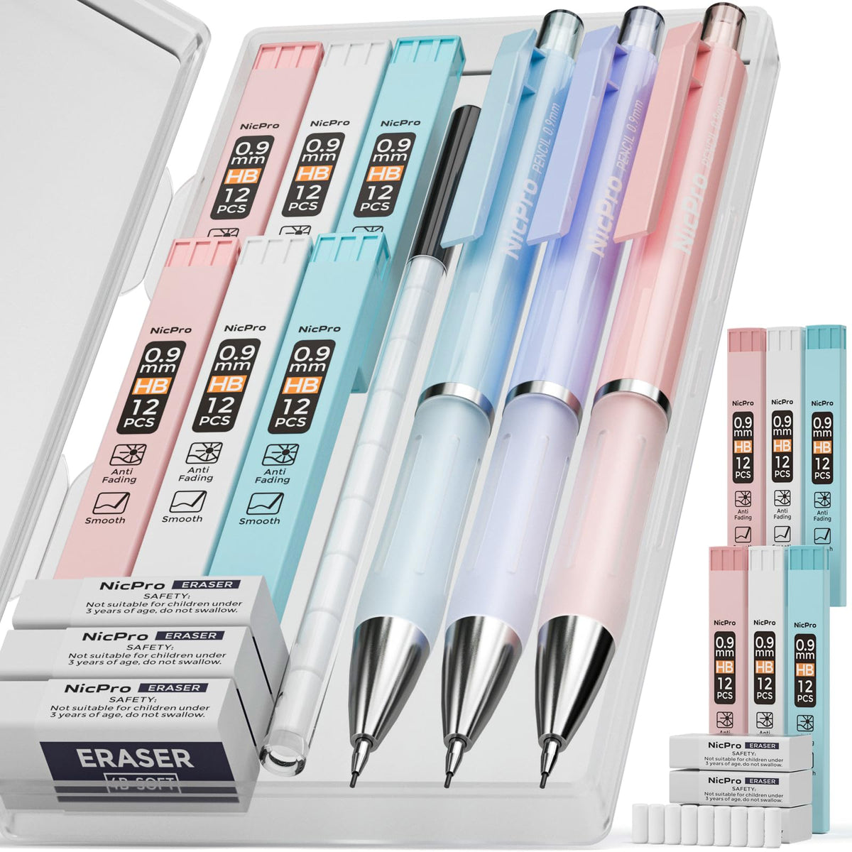 Nicpro 3PCS Cute Mechanical Pencil Set with Case, 0.7 mm Pencils