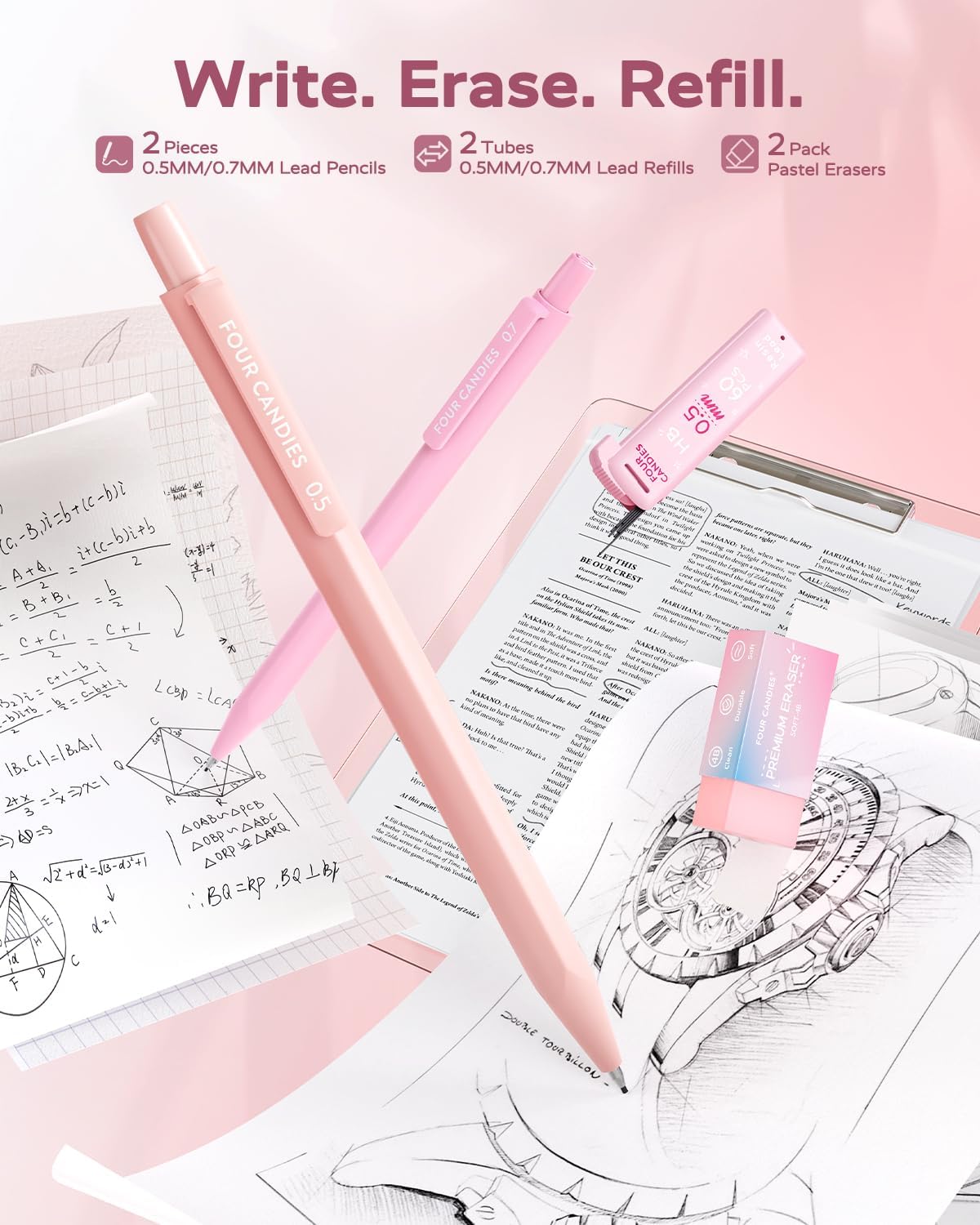 Four Candies Cute Aesthetic Pink School Supplies Kit for Girls