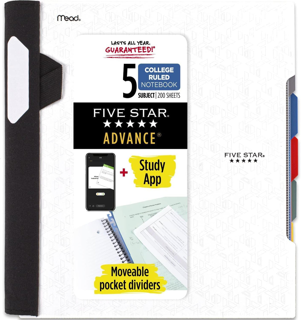Five Star Advance Spiral Notebook + Study App, 5 Subject, College Ruled Paper, 8-1/2" x 11", 200 Sheets, Spiral Guard, Movable Tabbed Dividers, Pacific Blue (73150)
