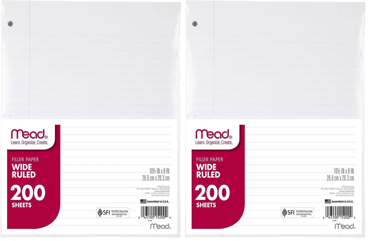 Mead Loose Leaf Paper, Wide Ruled Filler Notebook Paper, 8" x 10-1/2", 400 Sheets, Fits 3-Ring Binder (150036-ECM)