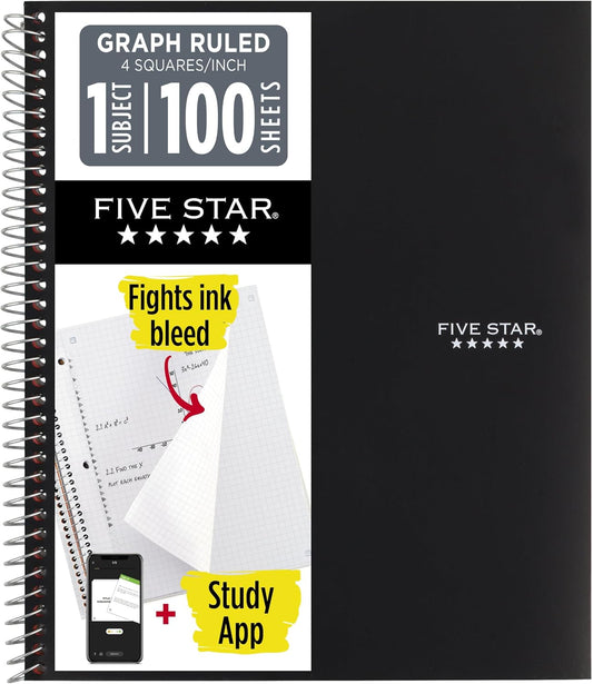 Five Star Spiral Notebook + Study App, 1 Subject, Graph Ruled Paper, 8-1/2" x 11", 100 Sheets, Fights Ink Bleed, Water Resistant Cover, Black (73679)