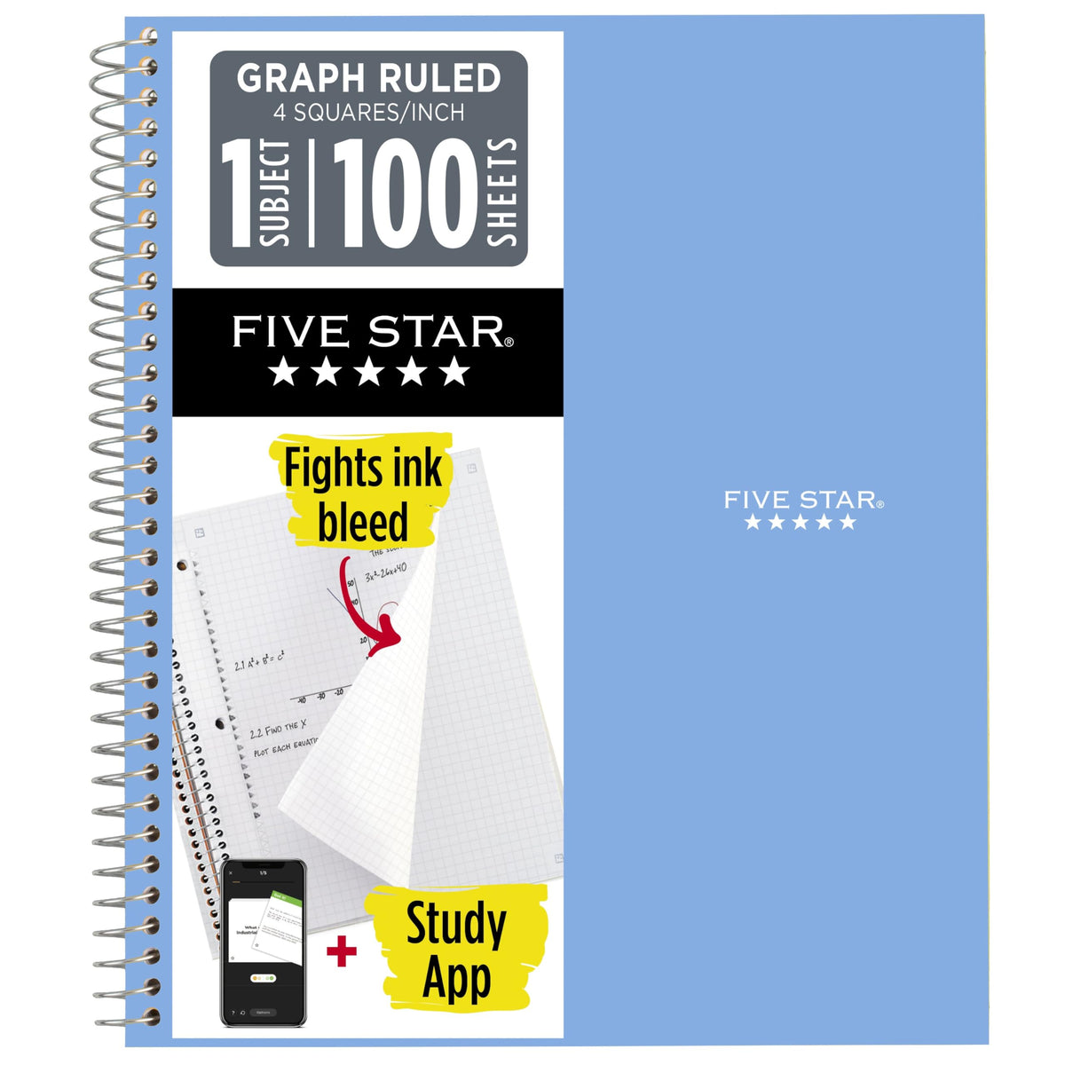 Five Star Spiral Notebook + Study App, 1 Subject, Graph Ruled Paper, 8-1/2" x 11", 100 Sheets, Fights Ink Bleed, Water Resistant Cover, Black (73679)