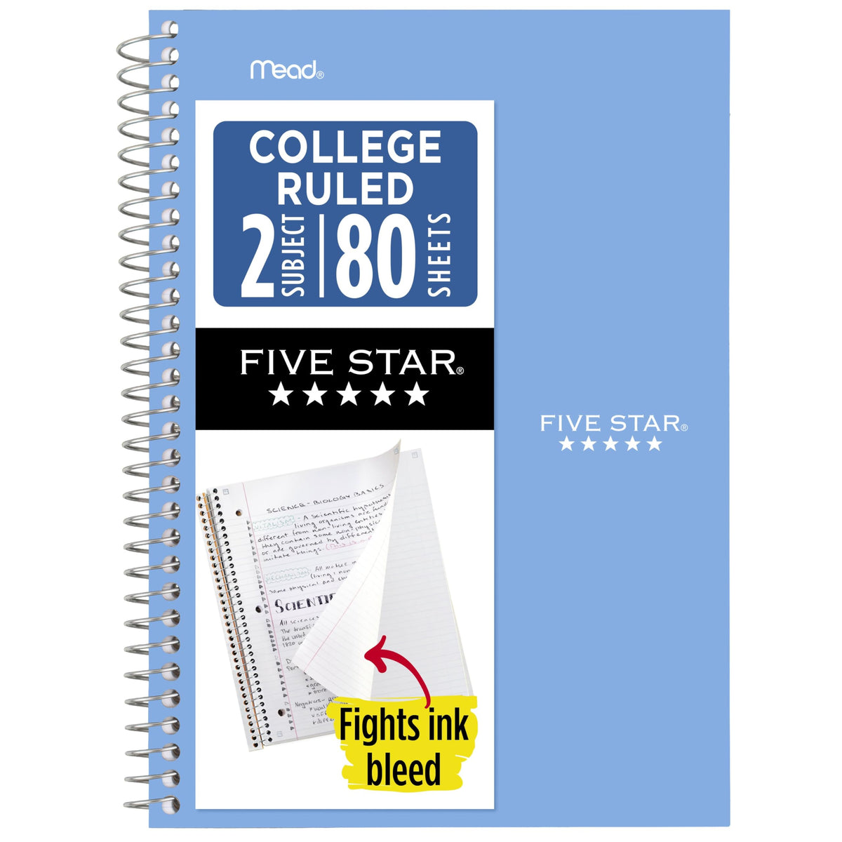 Five Star Spiral Notebook, 2 Subject, College Ruled Paper, 6" x 9.5", 80 Sheets, Blue (840029CG1)