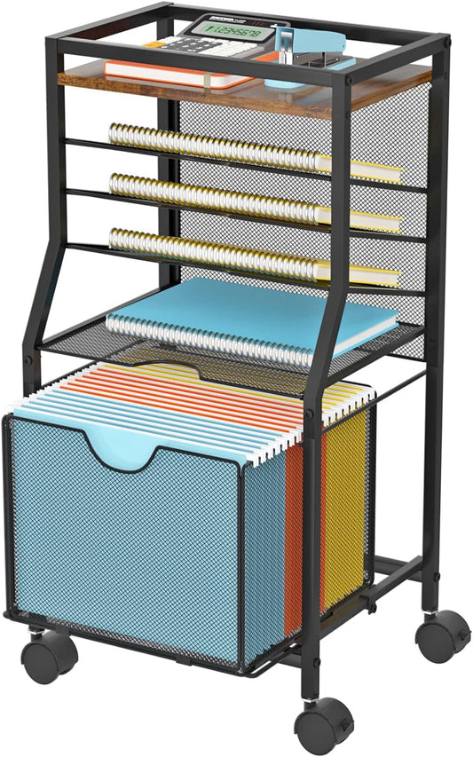 BOHDK Rolling File Cart, 6-Tier Desk File Organizer on Lockable Wheels, Brown Wood Planks & Mesh Sliding Hanging Folder Drawer, Organization Cart for Office Home School