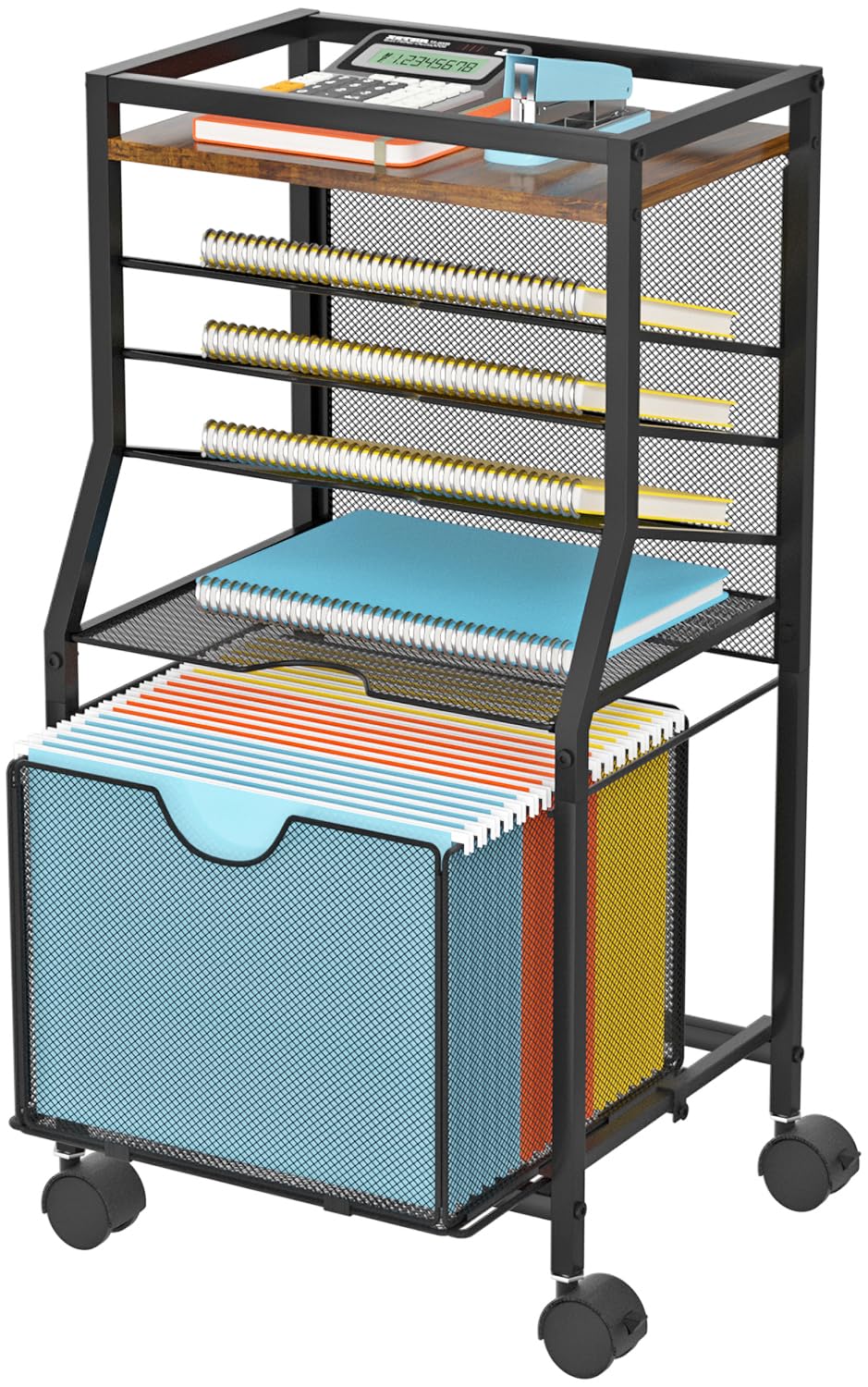 BOHDK Rolling File Cart, 6-Tier Desk File Organizer on Lockable Wheels, Brown Wood Planks & Mesh Sliding Hanging Folder Drawer, Organization Cart for Office Home School
