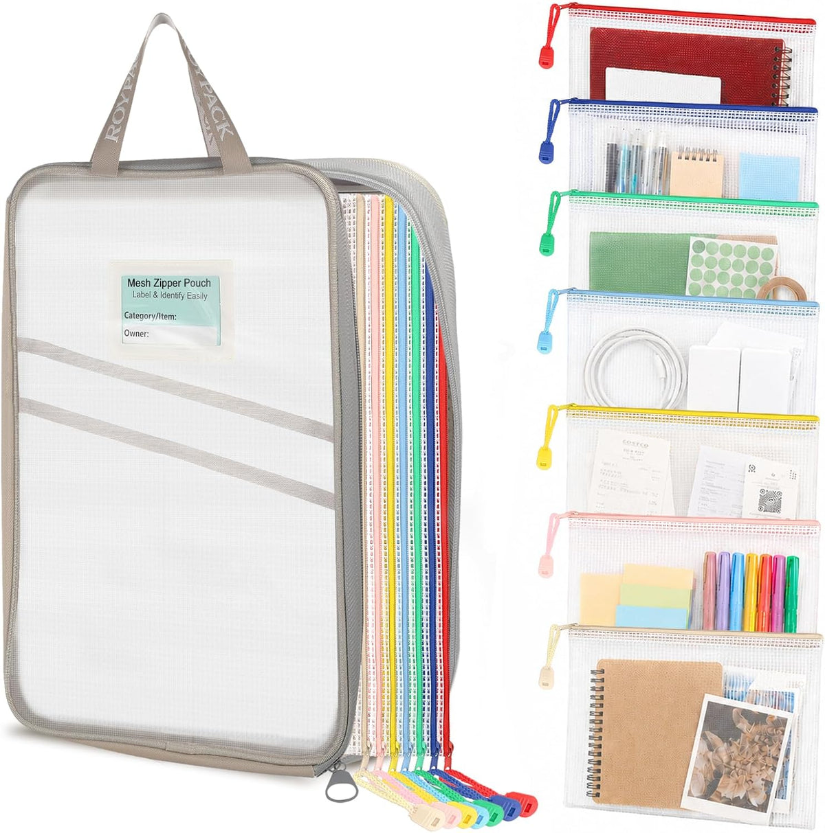 8pcs Mesh Zipper Pouches with Organizer Bag, Reusable Plastic Bag