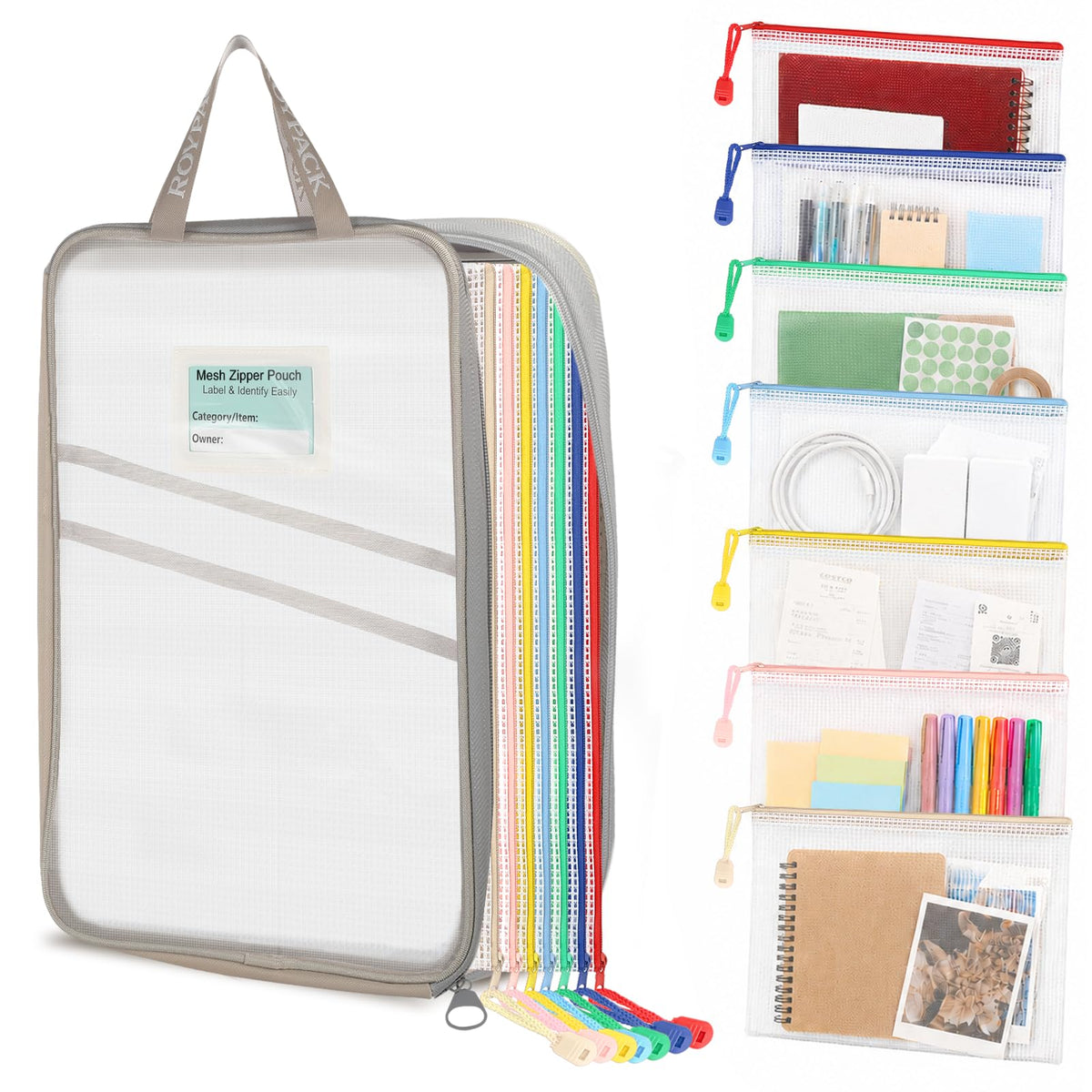 8pcs Mesh Zipper Pouches with Organizer Bag, Reusable Plastic Bag