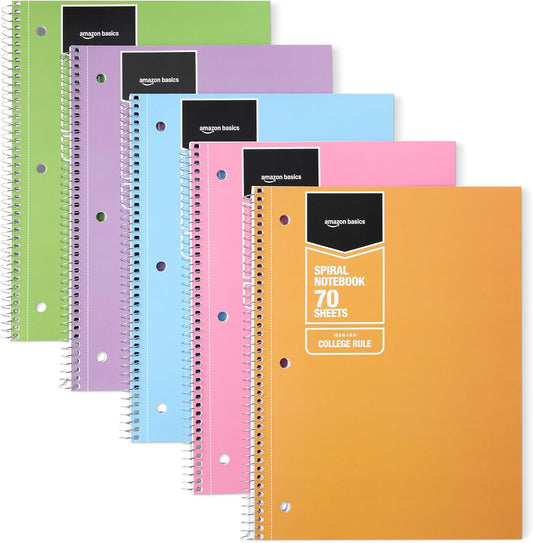 Amazon Basics College-Ruled Spiral Notebooks, 70 Sheets, 10.5" x 8", Perforated Pages, Assorted Pastel Solid Colors, 5-Pack