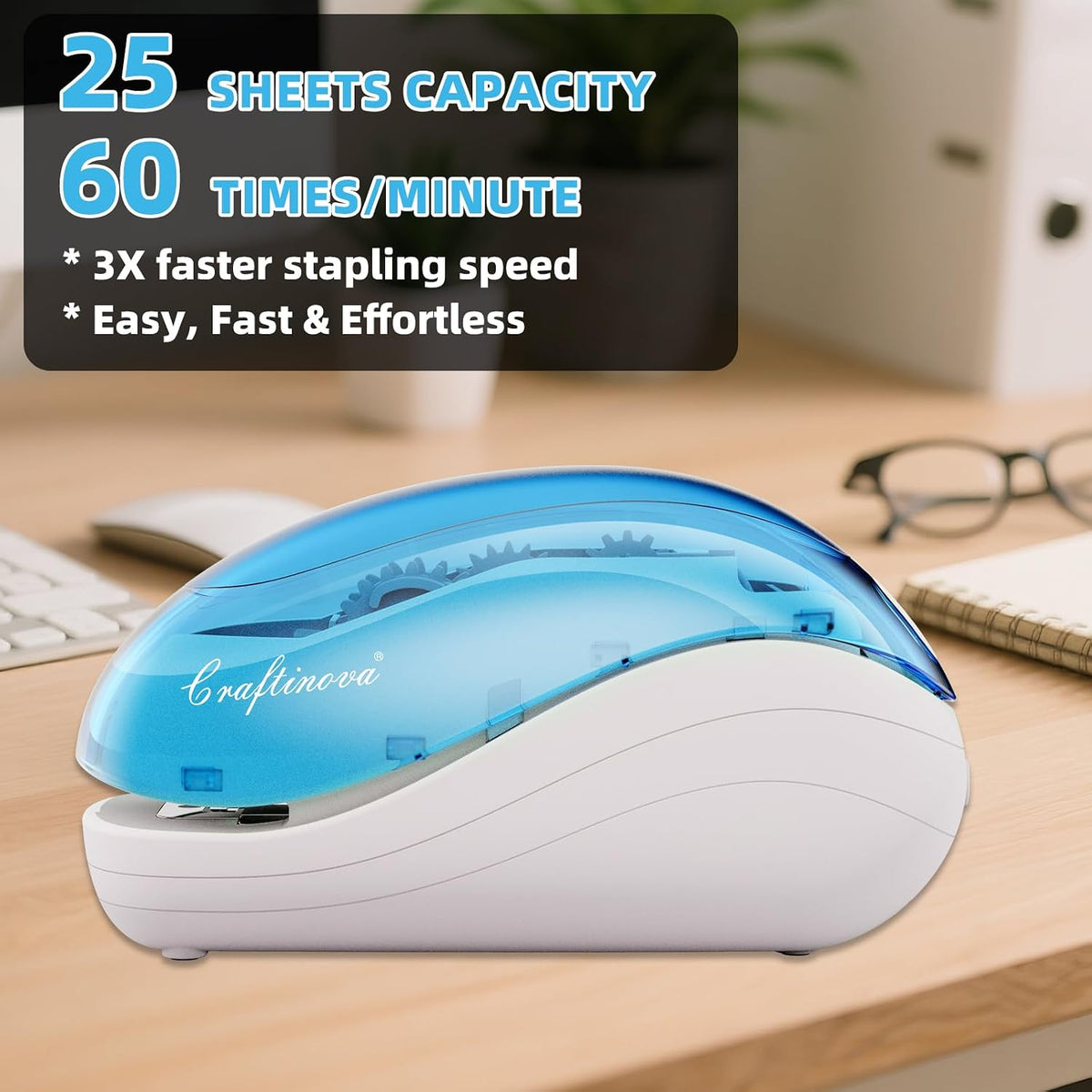 Electric Stapler,Including 2000 Staples and 1 Staple Remover, Suitable for Palm Size and high Comfort，25 Sheet Capacity, AC Adapter or Battery Powered，Battery not Included