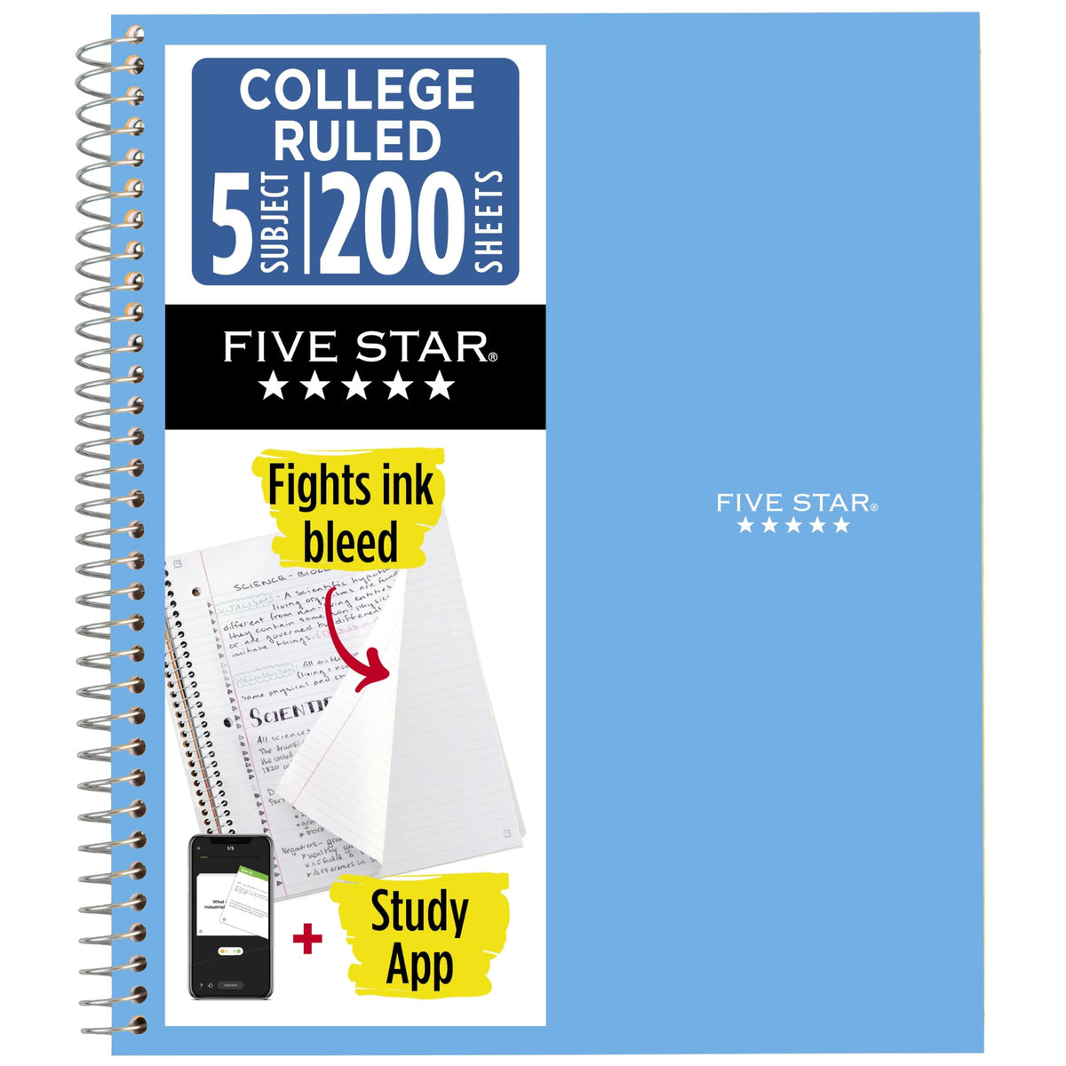 Five Star Spiral Notebook + Study App, 5 Subject, College Ruled Paper, 8-1/2" x 11", 200 Sheets, Fights Ink Bleed, Water Resistant Cover, Black (72081)