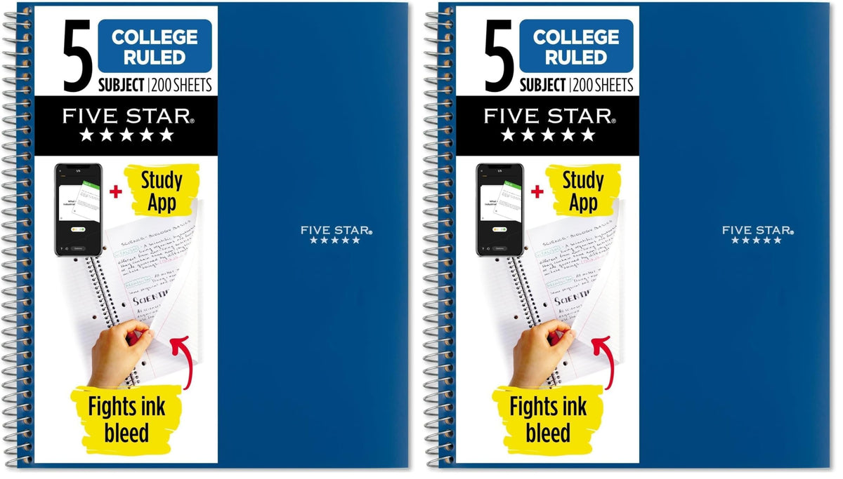 Five Star Spiral Notebook + Study App, 5 Subject, College Ruled Paper, 8-1/2" x 11", 200 Sheets, Fights Ink Bleed, Water Resistant Cover, Black (72081)